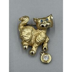 Vtg Louis Giusti Gold Colored Kitty Cat Blue Rhinestone Eyes Clear Dangle Brooch